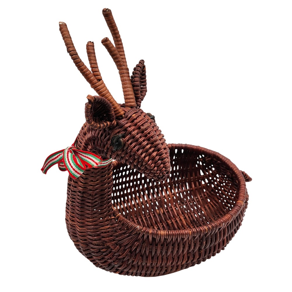 Woven Reindeer Wicker Rattan Basket Christmas Holiday Table Decor Boho Candy‎